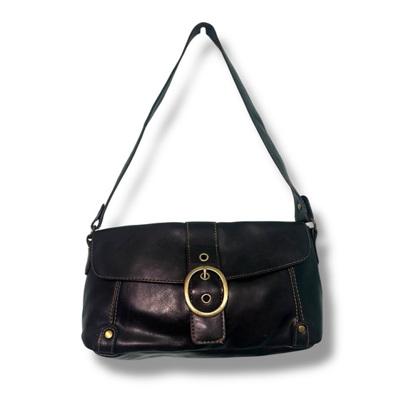 Vintage Y2k Leather Buckle Purse 2000s Black Hobo Micro Mini Shoulder Hand Bag - Picture 1 of 13